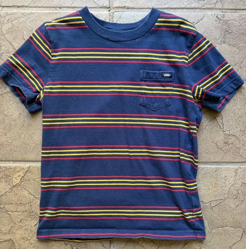 Vans Kids Navy Red Yellow Striped Pocket T-Shirt Size 5/M Skater Tee